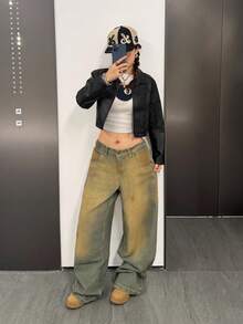 SHEIN 少女短款酷炫开叉皮夹克，秋冬女士仿皮大衣 - 黑色 - 查看 4