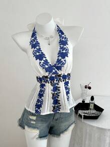 Elamini 蓝白印花拼布荷叶边挂脖系带度假休闲女式背心 - 白色 - 查看 3