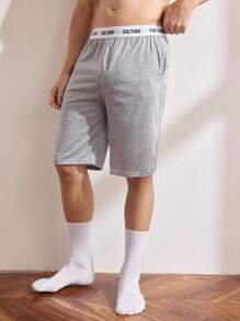 Men Contrast Letter Tape Sleep Shorts Sports - Light Grey - View 3