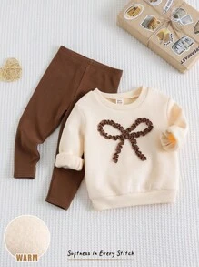 Cozy Pixies 2件套女婴蝴蝶装饰圆领蝙蝠袖套头衫和松紧腰裤套装 - 棕色 - 查看 3