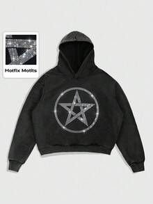 ROMWE MEN Street Life Men's Rhinestone Star Print Long Sleeve Casual Fluffy Hooded Sweatshirt - Black - View 1