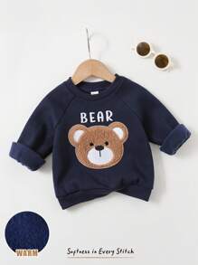 Cozy Pixies Áo nỉ dài tay cổ tròn dệt kim mềm mại họa tiết gấu bông hoạt hình dễ thương cho bé trai, thích hợp cho mùa thu/đông, trở lại trường, quần áo mùa thu, thoải mái dễ chịu, nhiều lớp quần áo mùa thu cho trẻ em, trẻ em thời trang, trang phục thường ngày - Màu xanh lam - Xem 3