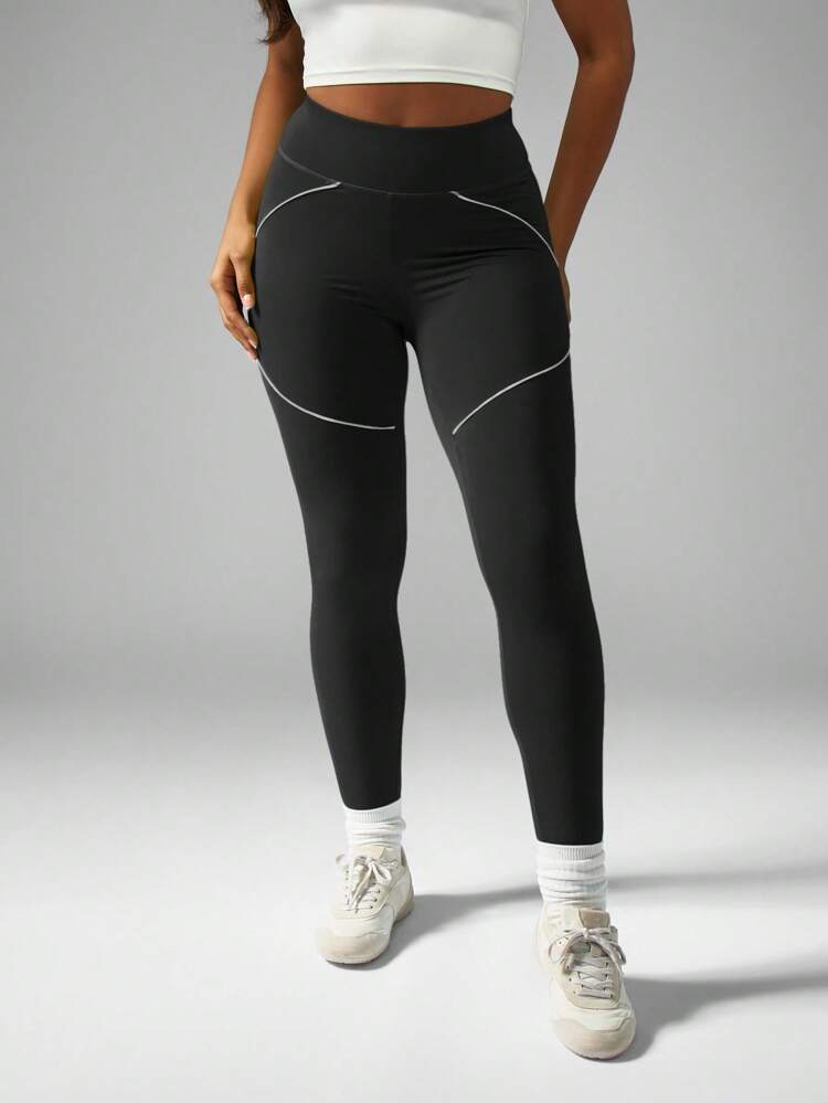 MISSGUIDED High Waist Performance Leggings With Reflective Geometric Lines Athletic Running Yoga Workout Activewear Pants Sculpting Design Fitness Sportswear