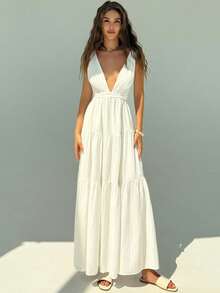 Aloruh 夏季白色度假深 V 领系腰 A 字形荷叶边女式连衣裙 - 白色 - 查看 5