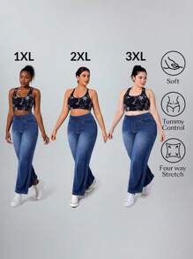 SHEIN CURVE+ 大码女式蓝色松紧腰休闲阔腿牛仔裤，牛仔牛仔风格 - 藍色 - 查看 1