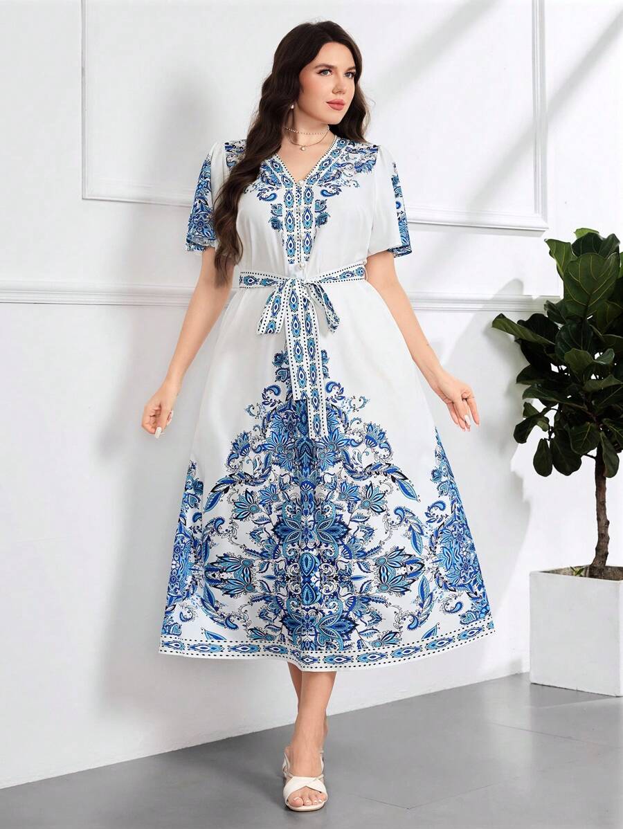 Modelyn Plus Size Elegant Floral Print Summer Dress