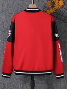 SHEIN 青少年男孩拼色赛车元素和字母印花休闲机车夹克，面料柔软，适合上学、通勤、户外穿着，适合秋冬季 - 彩色 - 查看 3