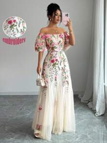 Elenzga Women Elegant Mesh Floral Print Fitted A-Line Maxi Dress Floral Formal Dress Embroidered Formal Dress Off Shoulder Formal Dress Garden Wedding Guest Dress - Multicolor - View 4