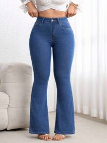 Flexra Plus Size Dark Blue Washed High Waist Slim Fit Flare Jeans