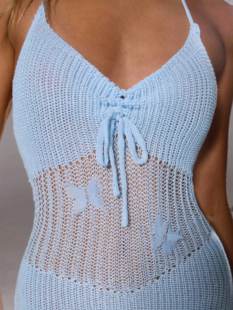 TRNVIE Women Front Tied See-Through Knit Sleeveless Dress - Blue - View 1