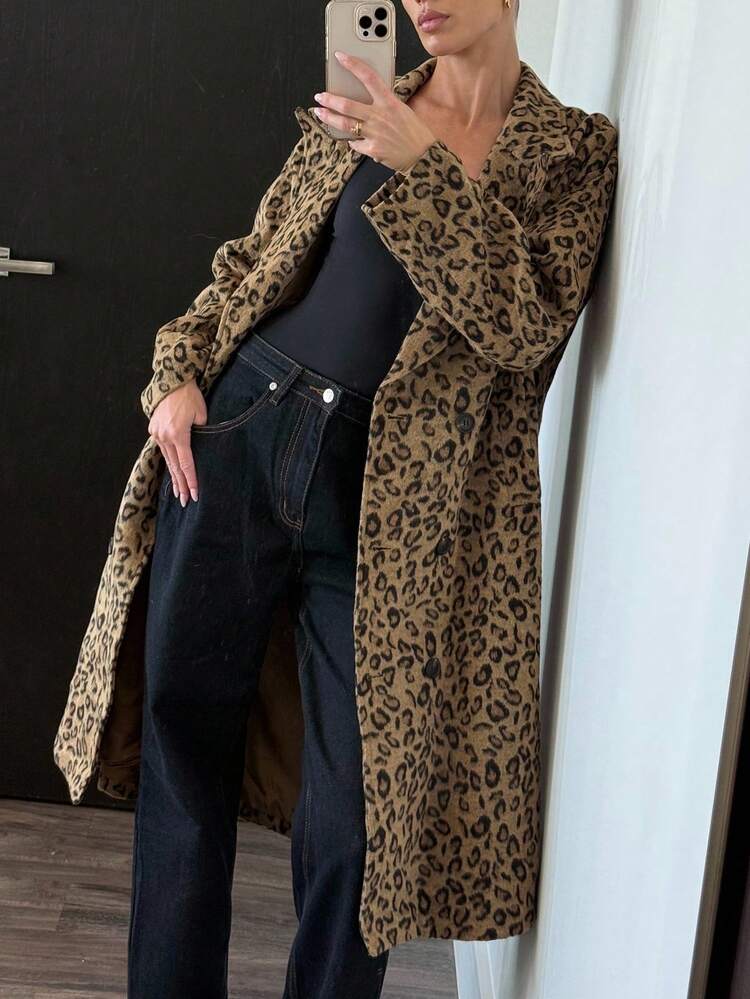 Leopard Print Lapel Double-Breasted Long Sleeve Loose Long Thick Overcoat For Women, Autumn/Winter
