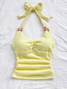 Soleia Top ajustado de tirantes en V con espalda descubierta y decoración de perlas, color amarillo, adecuado para playa, vacaciones, festivales de música, estilo bohemio - Amarillo - Ver 6