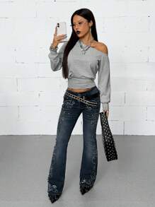 Coolane Women's Fall Y2K Streetwear Casual Going Out Minimalist Daily Wear Essentials Fashion Asymmetrical Neck Grey Fitted Sweatshirt - Grey - View 2