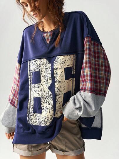 Bohemela Plus Size Colorblock Plaid & Numeric Print Sweatshirt Oversized Graphic Tees Women Baggy Shirts For Women Oversized Jersey Fall Tops Women,Fall Clothes For Women Winter Autumn