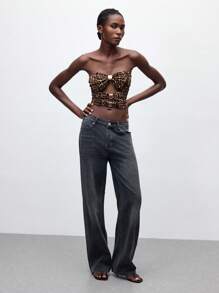 Maija Women Leopard Print Asymmetrical Hollow Out Cami Top,Shades Of Brown Summer Chic Club Night Metal Decoration Sleeveless Cropped Top,Y2K Street Style - Coffee Brown - View 3