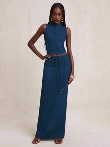 NYA SZN Canotta estiva senza maniche con collo a lupetto, casual, testurizzata, adatta per vacanze e uso quotidiano, in colore blu navy, per donna - Blu - Visualizzare 4