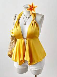 Sunspun Atasan Camisole Tanpa Punggung dengan Tali Bahu Asimetris Seksi untuk Wanita, Cocok untuk Liburan. - Kuning - View 6