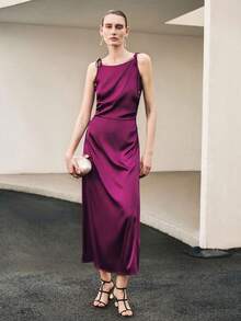Uhlyne 女士休闲/派对/度假无袖葡萄紫色修身中长款紧身吊带连衣裙 - 中紫紅色 - 查看 5