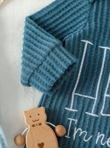 SHEIN 3pcs/Set Baby Boy/Girl Cute Simple Slogan Embroidered Long Sleeve Jumpsuits With Hats,Teal Autumn Matching Family Newborn Suits For 1 Month-2 Years - Multicolor - View 5