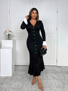 Xyvia Damen elegantes Farbblock Kleid mit Glockenärmeln und Knopfleiste vorne