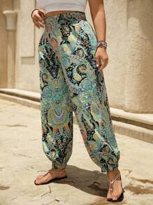 SHEIN LUNE Plus Size Women Loose Fit Casual Floral Print Drawstring Pants, Versatile & Comfortable For Spring/Autumn Fall Cloth For Women - Multicolor - View 4