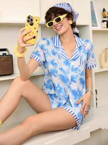 海洋元素时尚褶皱开衫女士睡衣套装 - 彩色 - 查看 3