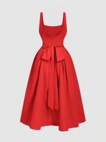 SHEIN MOD 加大码白色细肩带连衣裙，背部蝴蝶结装饰，正式活动礼服，女式白色露背蝴蝶结长裙，夏季白色连衣裙，毕业礼服，女士早午餐服装，飘逸连衣裙，紧身胸衣连衣裙 - 紅色 - 查看 2