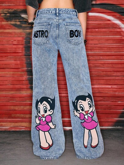 Astro Boy X ROMWE Jeans amples déchirés à motif de bandes dessinées pour femmes, style décontracté