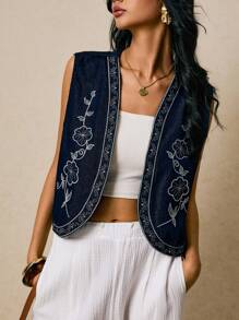 Poéselle 女式牛仔上衣无袖碎花刺绣背心深蓝色牛仔背心秋季法式休闲度假休闲外出上衣可爱上衣Y2k上衣度假女乡村音乐会 - 深色水洗藍 - 查看 6