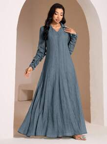 Veilorie Conservative Casual Collared Ruched Sleeve Dress, Women Arabic Style Long Dress - Blue - View 5