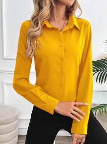 INAWLY Camisa casual de mujer con botones y borde curvo sólido
