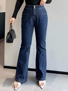 Dazy Plus 深洗蓝色弹力修身喇叭裤牛仔裤，适合全年穿着 - 深色水洗藍 - 查看 6