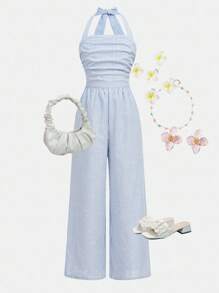 Girlism 女童蓝白条纹休闲吊带褶饰条纹连体裤