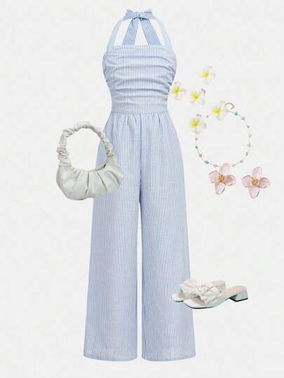 Girlism 女童蓝白条纹休闲吊带褶饰条纹连体裤