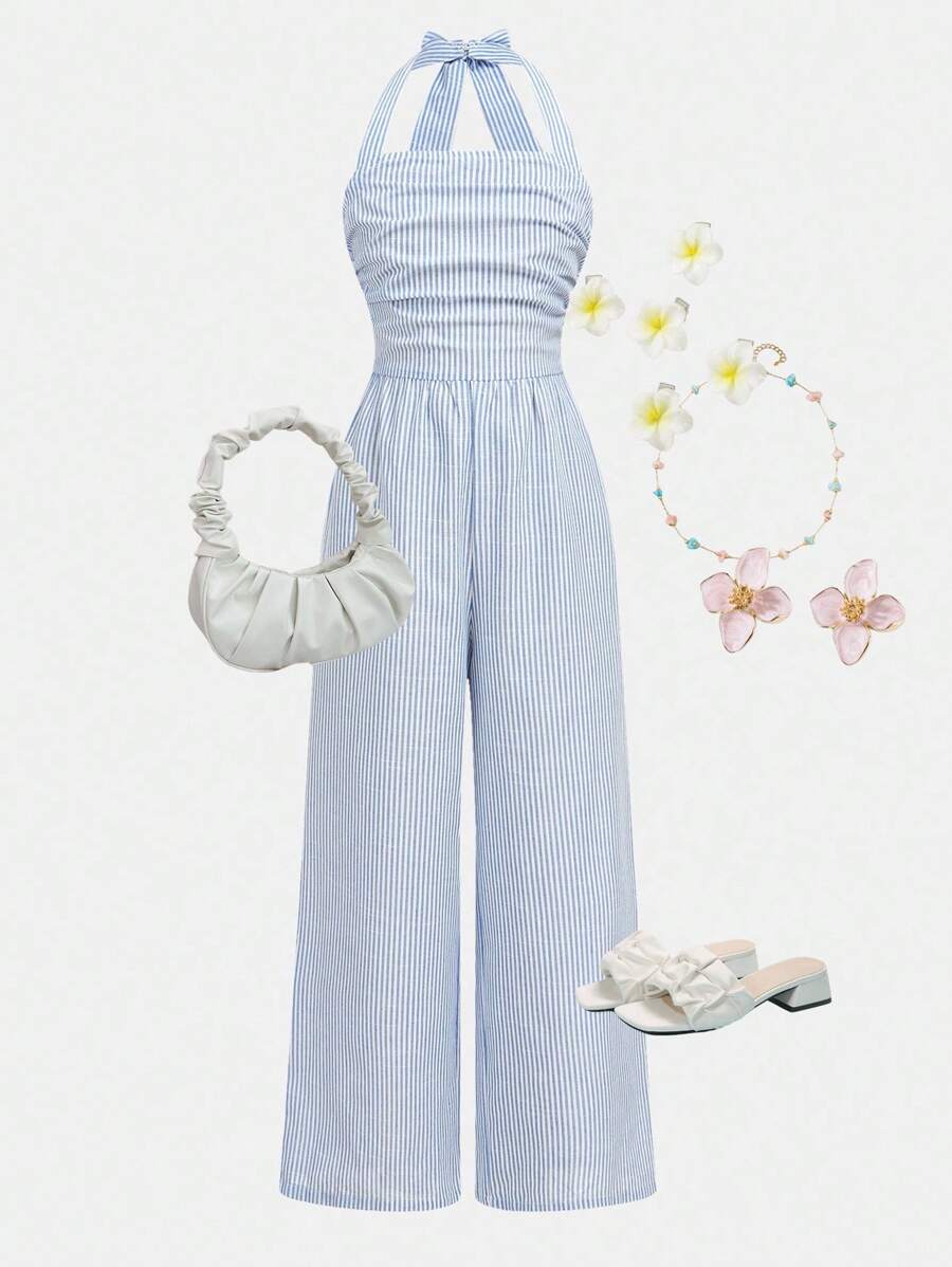 Girlism 女童蓝白条纹休闲吊带褶饰条纹连体裤