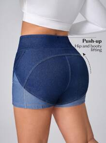 Flexra سروال جينز قصير متسع للخصر مرن للنساء من المقاسات الكبيرة - الأزرق - مشاهدة 3