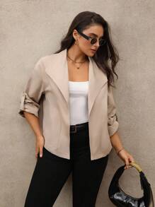 Juhart Jaqueta plus size feminina, tecido regular, casual, manga comprida, damasco, primavera e outono - Damasco - Ver 4