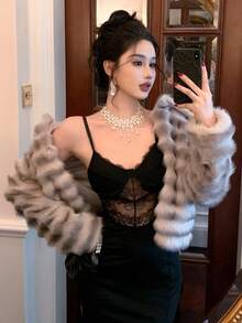 DAZY 时尚轻薄光滑蓬松领夹克，女士冬季外套 - 灰色 - 查看 1