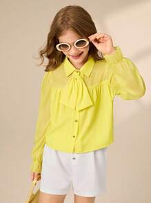 Tween Girls Chiffon Yellow Polo Collar Shirt And Casual Pants Set, European And American Street Style, Suitable For Spring/Autumn - Multicolor - View 5