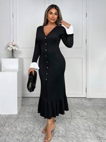 Xyvia Damen elegantes Farbblock Kleid mit Glockenärmeln und Knopfleiste vorne