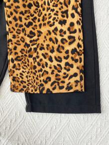 SHEIN 2pcs Set: Loose Casual Leopard Print Wide Leg Pants And Solid Black Wide Leg Pants - Multicolor - View 5