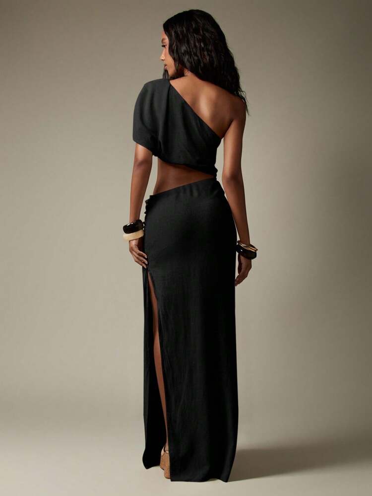 MISSGUIDED Vestido largo de lino de noche elegante con un solo hombro, corte recortado, hebilla de mimbre, abertura alta, para fiesta, resort, vacaciones de verano