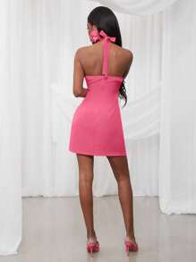 NYA SZN Dress Spring Mock Neck Halter Fitted Festival Summer Mini Dress Gyaru Vacation Graduation Old Money Wedding Guest Special Occasion Bridal Dinner Prom Carnival Outfits For Women - Hot Pink - View 2