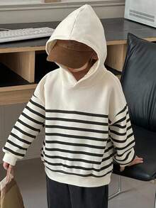 DAZY Young Boys Casual Loose Fit Striped Fleece Sweatshirt, Street Style For Autumn, Winter - Black and White - View 10