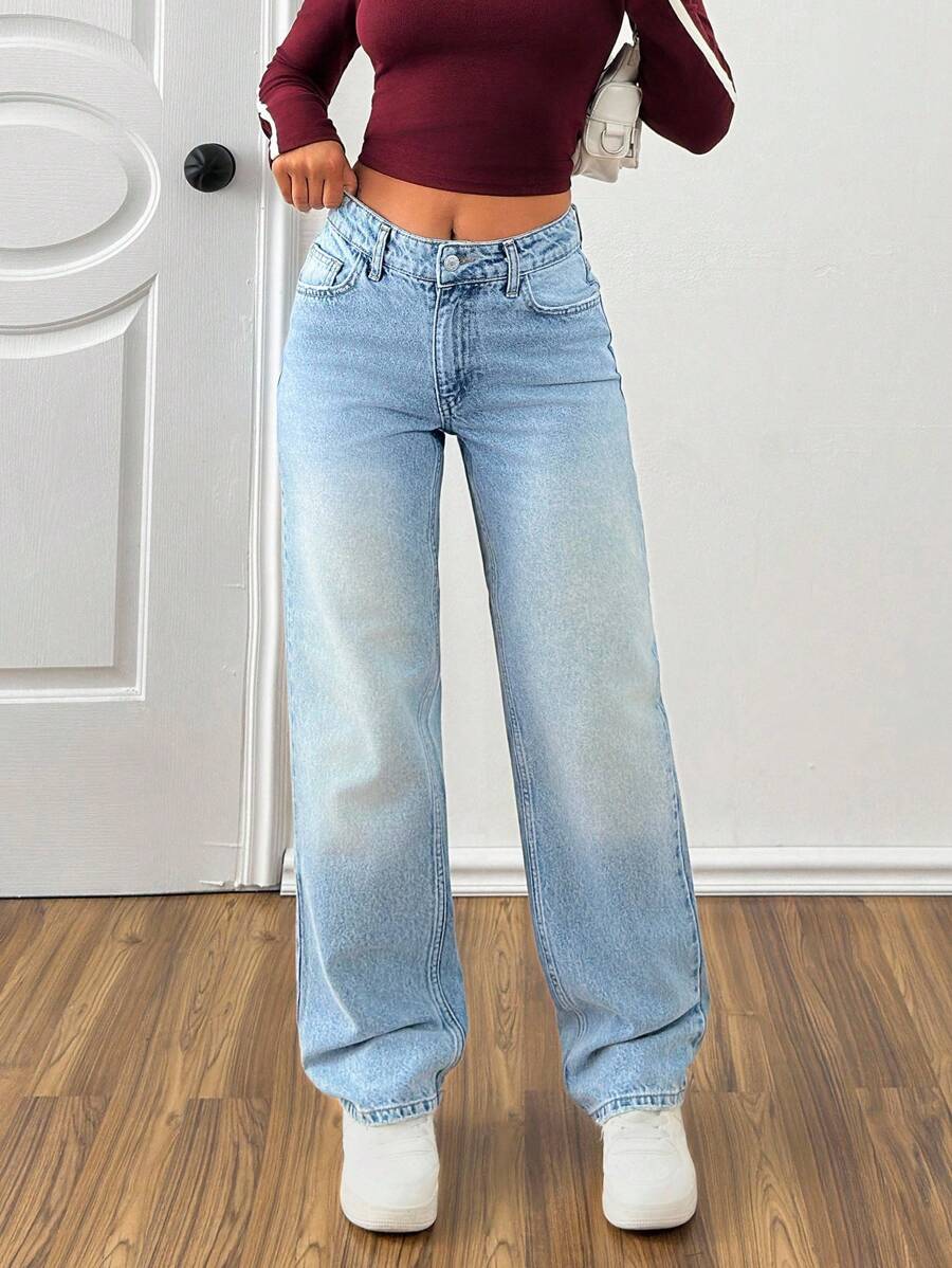 EURMUSE 女式低腰口袋直筒宽松休闲百搭牛仔裤 - 淺色水洗藍 - 查看 1