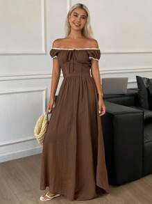 Livesso Women's Contrast Color Off Shoulder Ruffle Front Tie Dress, Fashion Dress - Brown - View 1