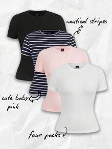 SHEIN EZwear 4 件套休闲简约基本款条纹圆领短袖 T 恤，适合春夏季、海滩、音乐节 - 彩色 - 查看 13