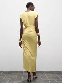 Lumivelle Women's Solid Color Round Neck High Waist Knot Design Summer Dress Cream Yellow Preppy Style - Yellow - View 2