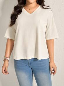 Comfylo WIRTE Plus Size Summer Top Women's V-Neck Pocket T-Shirt Vacation Woman Going Out Top Women Beach For Woman, Holiday Festival Business Casual - Apricot - View 1