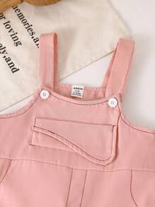 SHEIN 女宝宝时尚休闲条纹圆领长袖上衣和围兜裤套装，春秋季 - 粉色 - 查看 7